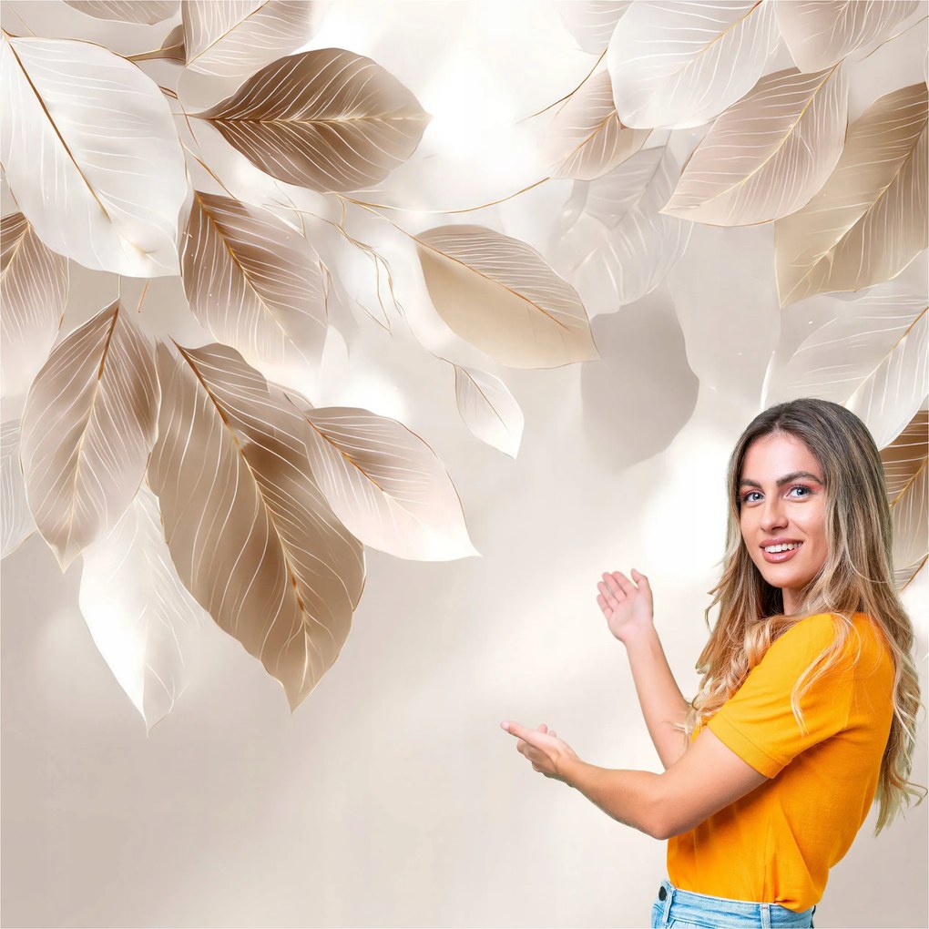 Fotótapéta Nappali Hálószoba Levelek Absztrakt Arany Bézs 294x260 LAZB07W