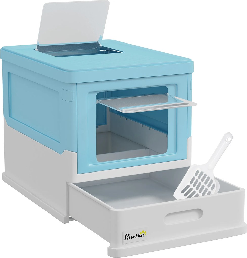 PawHut Összecsukható Macska Alomdoboz Zárt Macska Alomdoboz Leválasztható Fedéllel, Kivehető Tálcával, Nyitható Felső Ajtóval és Kanállal, 47.5x35.5x3