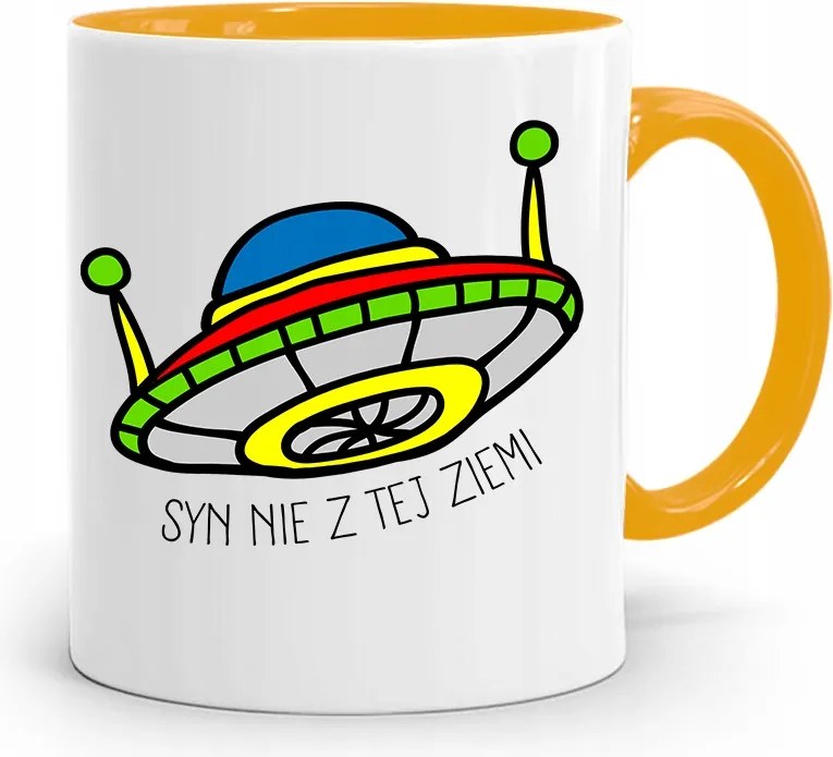 Sárga Bögre Ajándék Fiúnak Nem Ebből A Földből, fényképes nyomattal