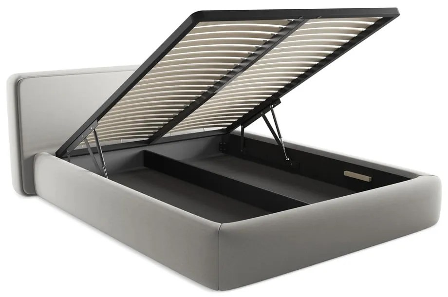 Világosszürke kárpitozott ágyneműtartós franciaágy ágyráccsal 160x200 cm Kiana – Makamii