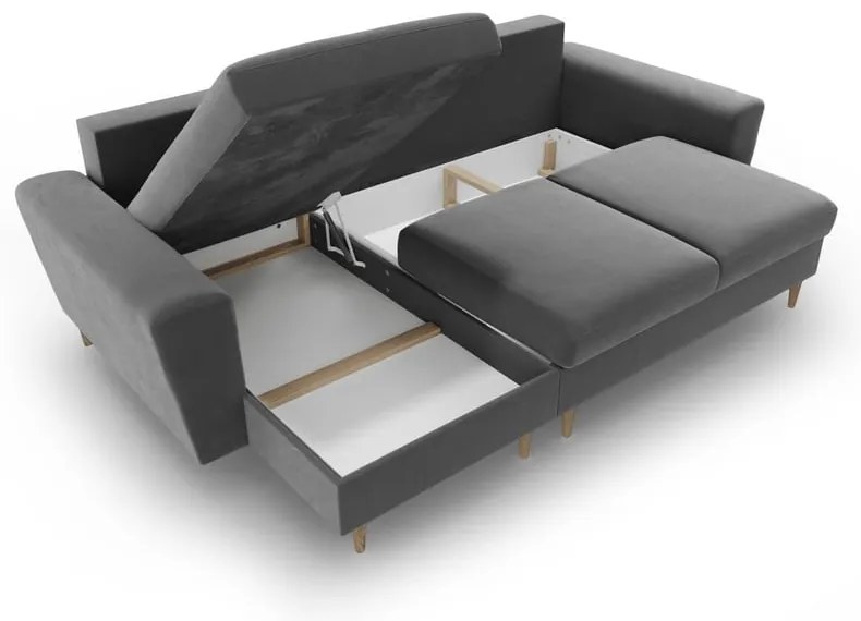 Világosszürke bársony kinyitható tárolóhelyes sarokkanapé Kyoto – Cosmopolitan Design