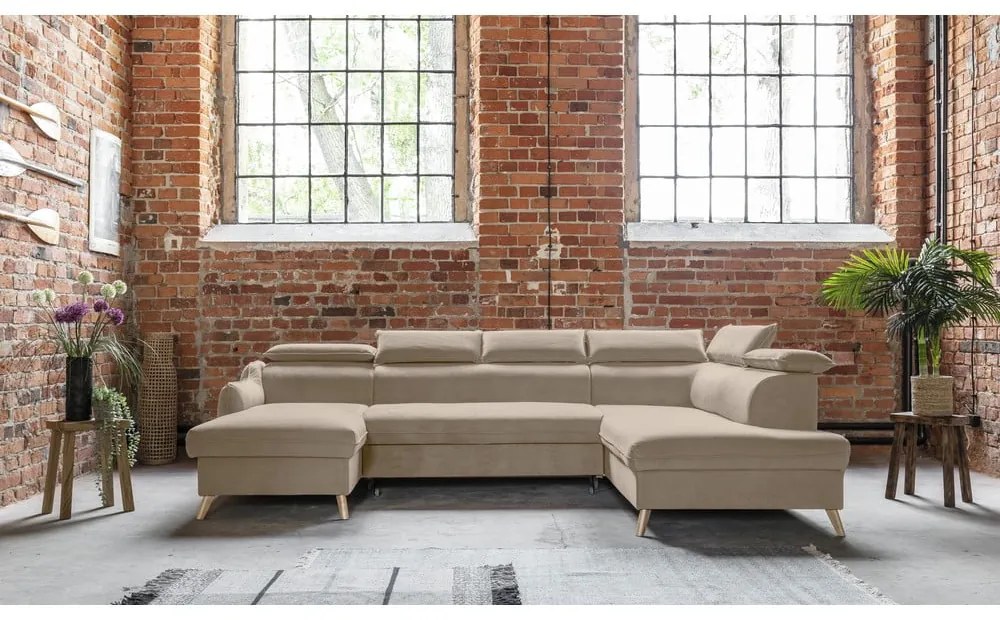 Bézs bársony kinyitható sarokkanapé (jobb oldali-"U" alakú) Sweet Harmony – Miuform