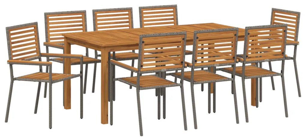 9 darabos Kert Étkezőszett Szürke Poli Rattan Akác, Egymásra rakható Kert Székek Párnákkal 2 db Szürke Poli Rattan
