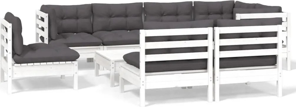 vidaXL 9 részes fehér tömör fenyőfa kerti ülőgarnitúra párnákkal