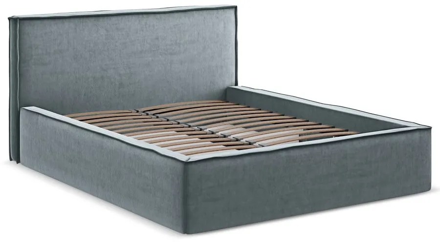 Világoskék kárpitozott ágyneműtartós franciaágy ágyráccsal 160x200 cm Anani – Makamii