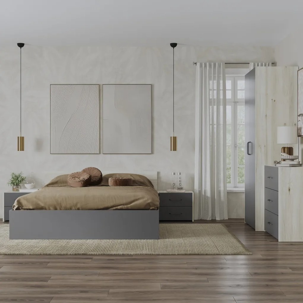 Malmo V2 hálószoba szett 160 x 200 cm-es ággyal, Fehér tölgy / Antracit