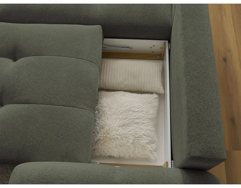 Khaki zsenília kinyitható-tárolóhelyes sarokkanapé (bal oldali-heverő résszel) Roxelane – Bobochic Paris