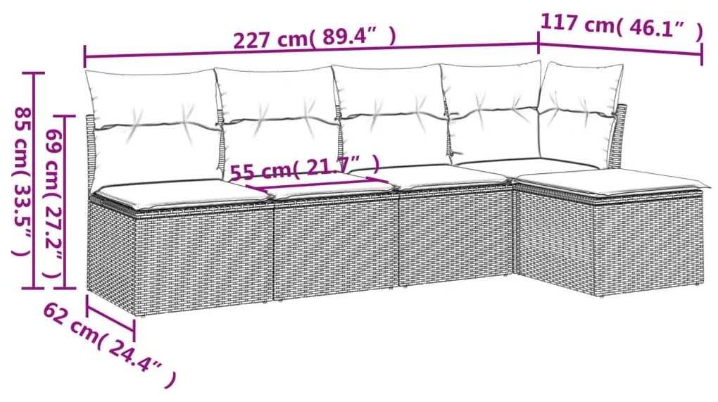 5 részes világosszürke polyrattan kerti ülőgarnitúra párnákkal