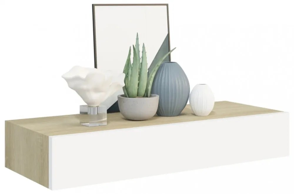 2 db tölgyszínű és fehér MDF fiókos fali polc 60 x 23,5 x 10 cm