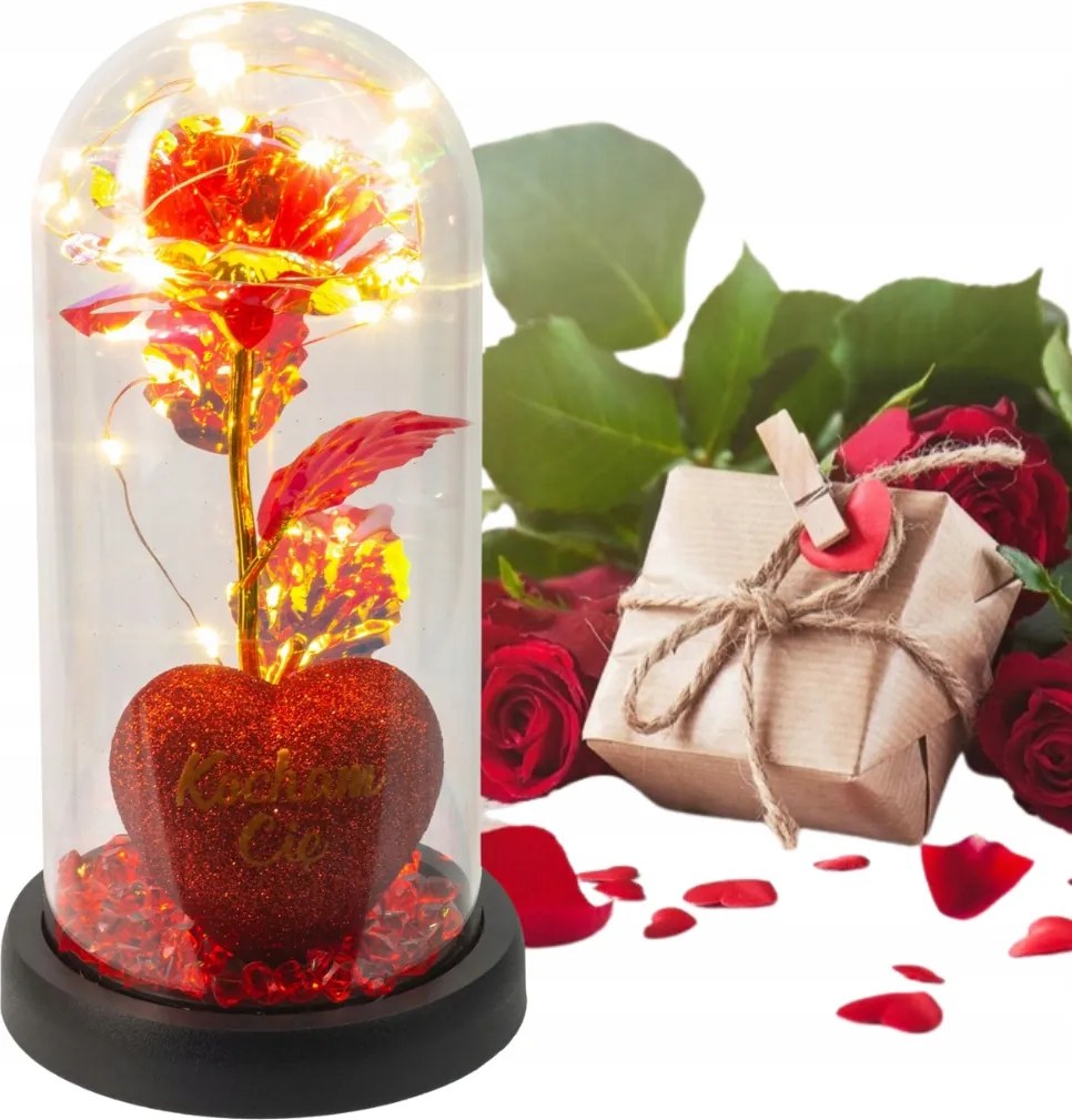 Örök Rózsa Üvegburában Led Világítással, Elemmel Működő, Usb Kábel, Ajándék Nőnapra