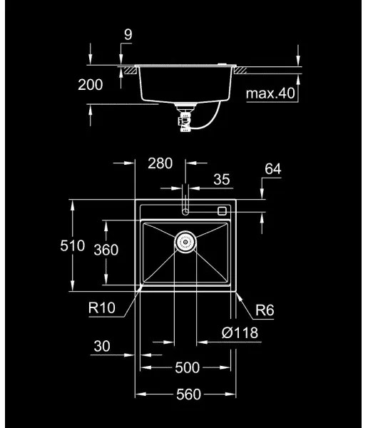 GROHE 31651AP0 - K700 konyhai mosogató 560 × 510 mm gránit/fekete
