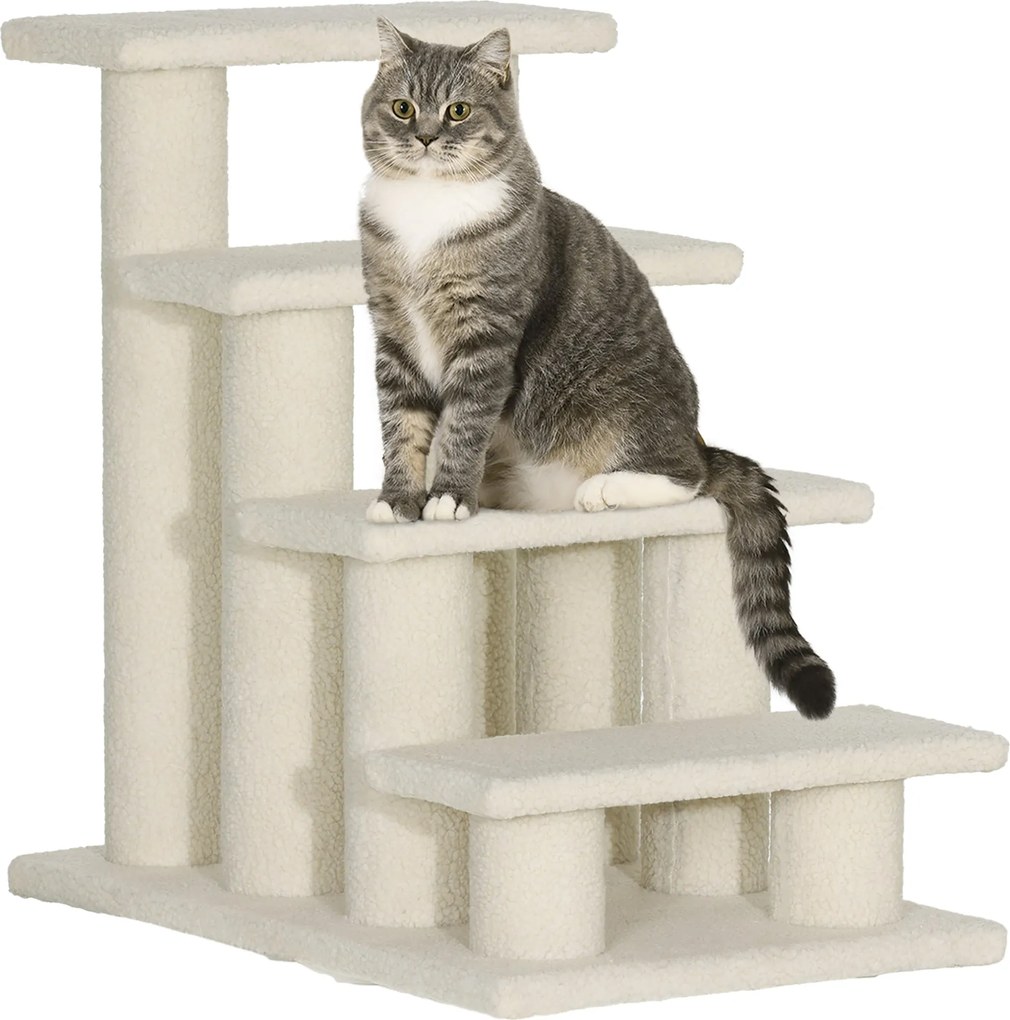 PawHut Kisállat Lépcső Macska Lépcső Kutyák számára 4 Lépcső Krém 63,5x43x60cm | Aosom