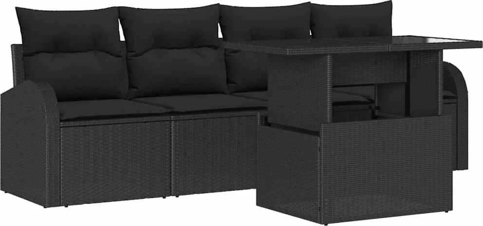 vidaXL Kerti Kanapé Szett párnával párnával 5 pcs Fekete Poly Rattan