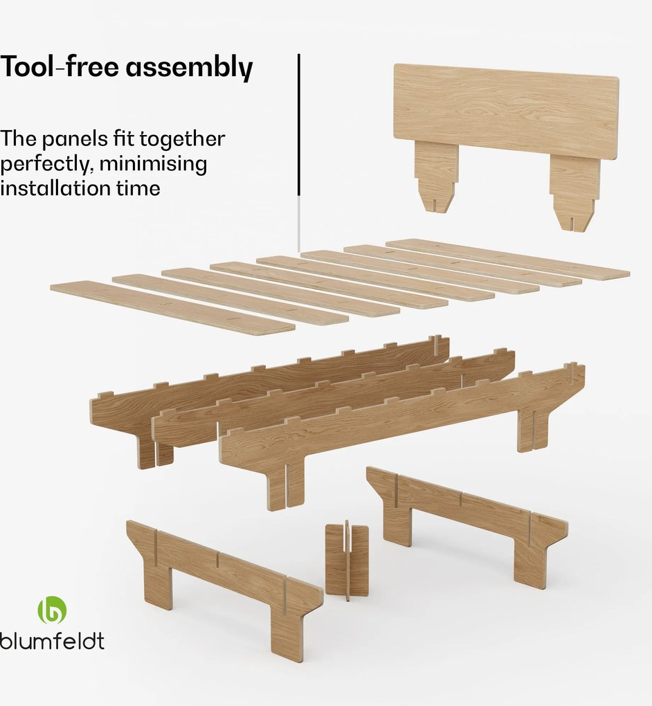 Blumfeldt NordicAura Double kétszemélyes ágykeret, 140 cm x 200 cm, robusztus, szerszámmentes, eukaliptuszfa, polcok
