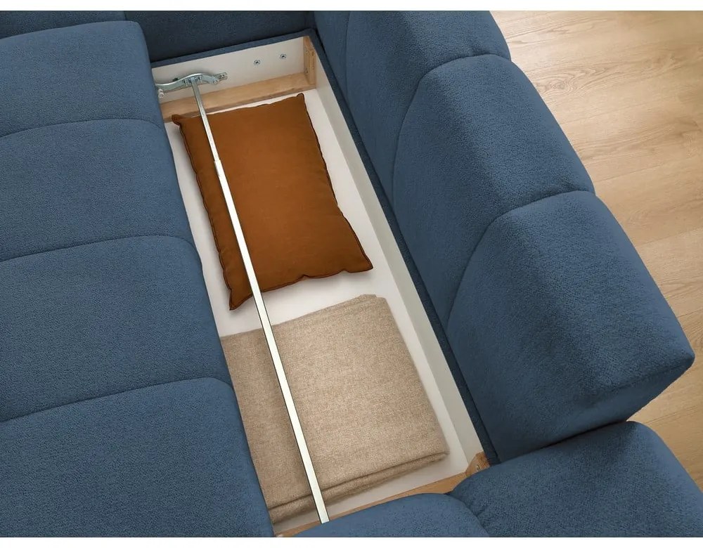 Sötétkék zsenília kinyitható-tárolóhelyes sarokkanapé (bal oldali-heverő résszel) Everest – Bobochic Paris