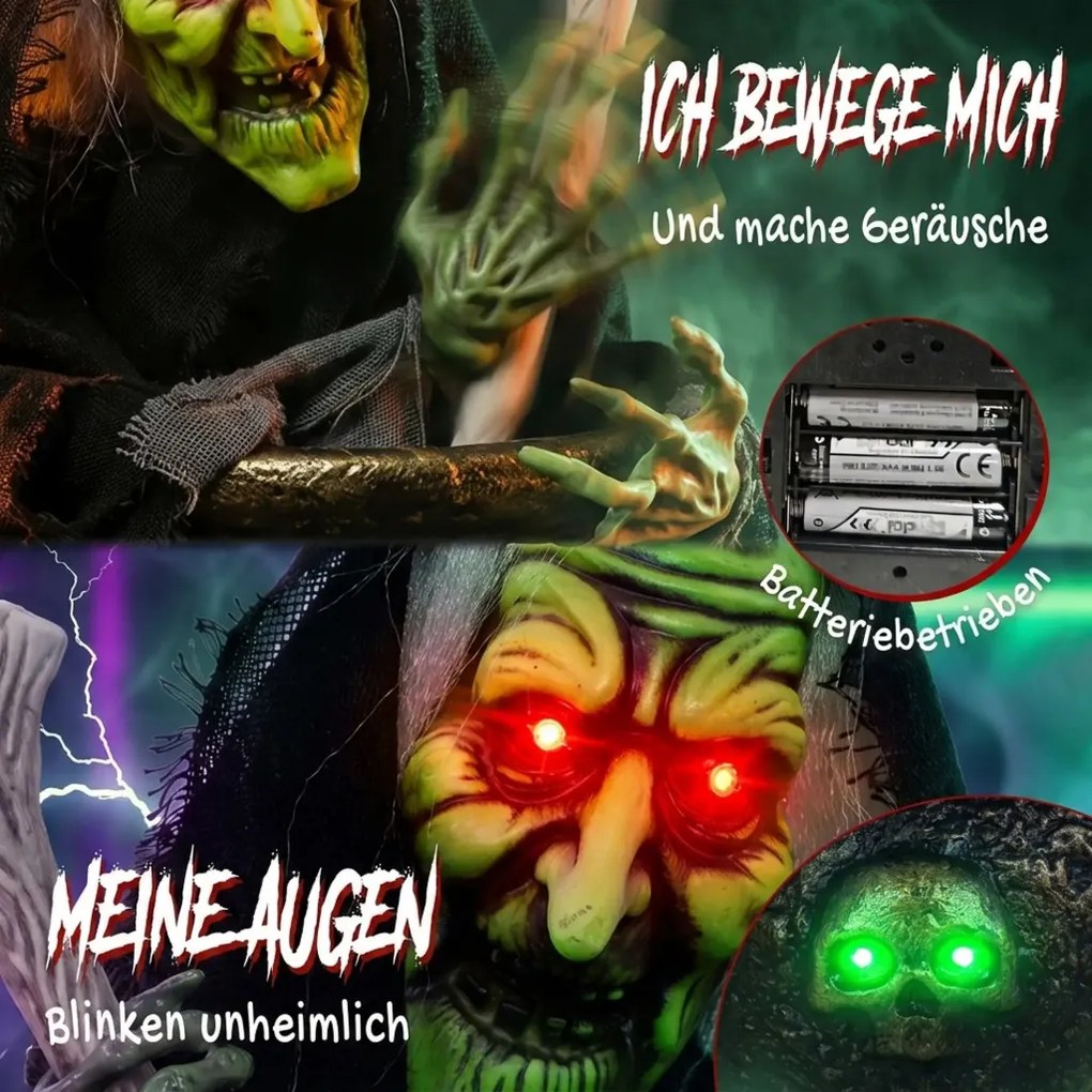 HOMCOM Animált Halloween asztali boszorkány nevető hanggal, ragyogó szemekkel