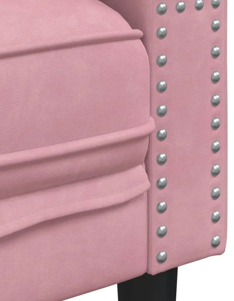 2 személyes rózsaszín bársony Chesterfield kanapé párnákkal