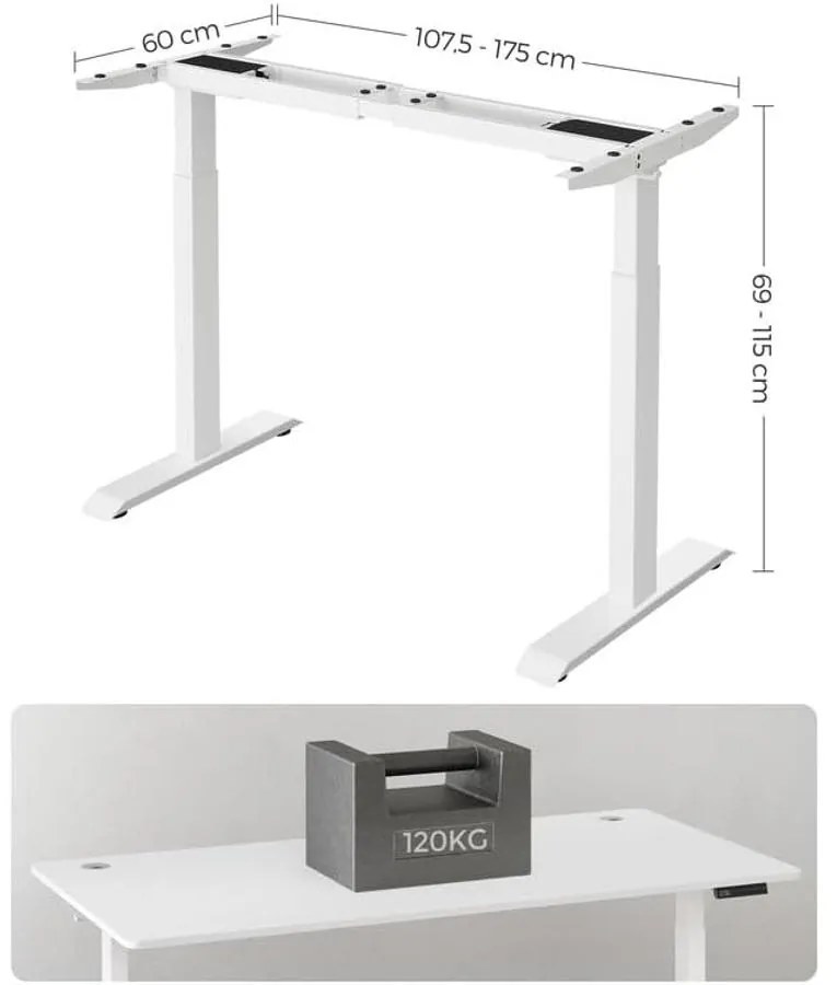 Állítható magasságú elektromos íróasztalkeret, memória funkció, acél, fehér