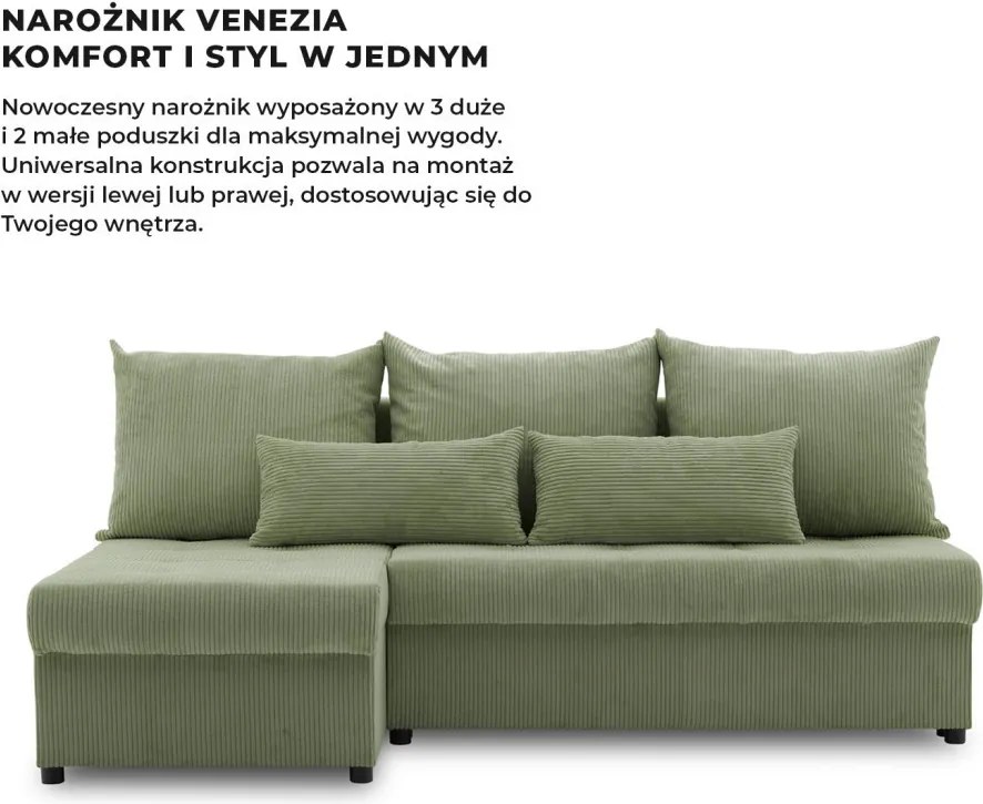 Venezia sarokkanapé, kordbársony, univerzális oldal, hab töltet, zöld