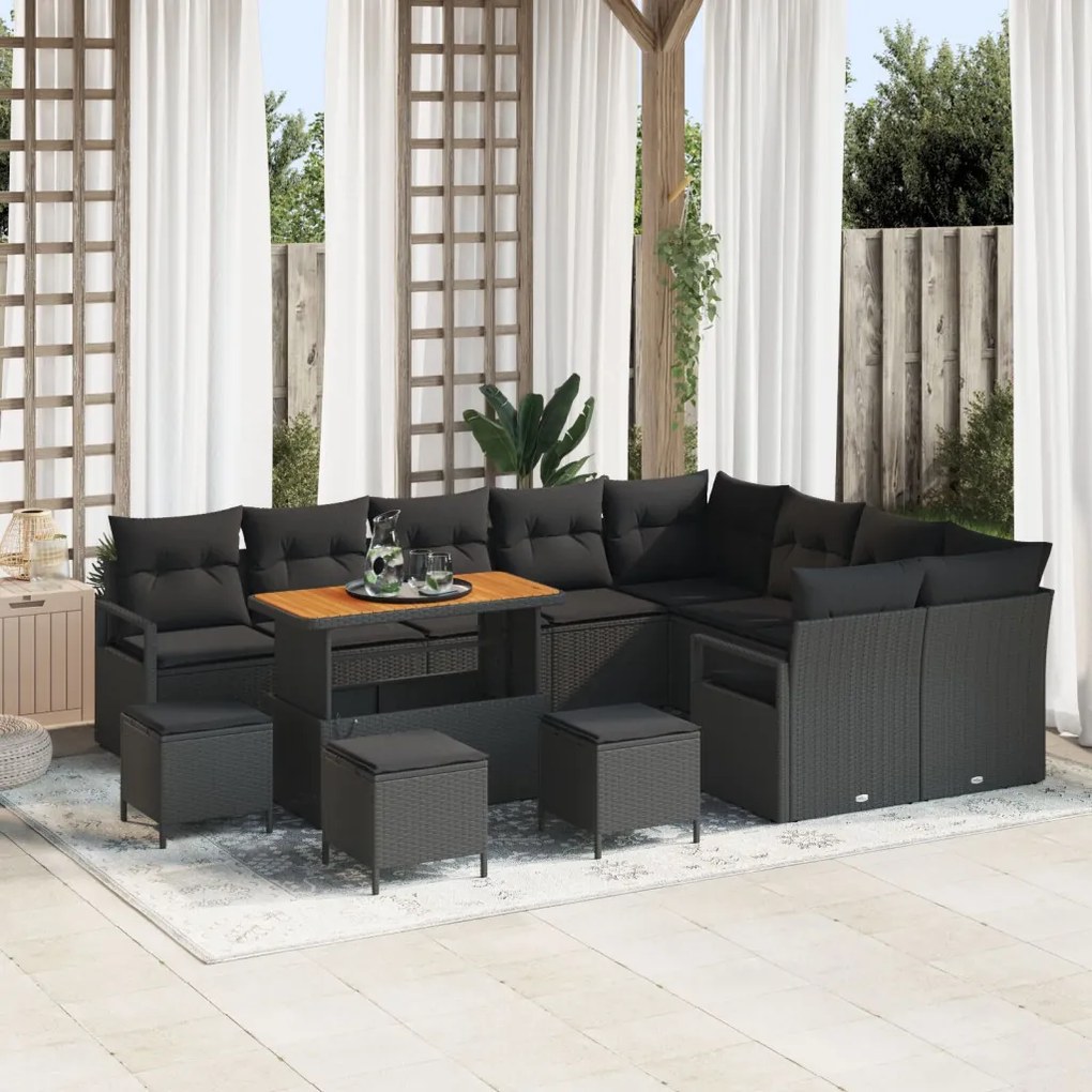 13 Darabos Kerti Sofa Készlet Párnákkal Fekete Poli Rattan Akáccal, 4 Darabos Kerti Étkező Készlet Párnákkal Fekete Poli Rattan Akáccal, 2-fős Kerti Sofa Párnákkal Fekete Poli Rattan