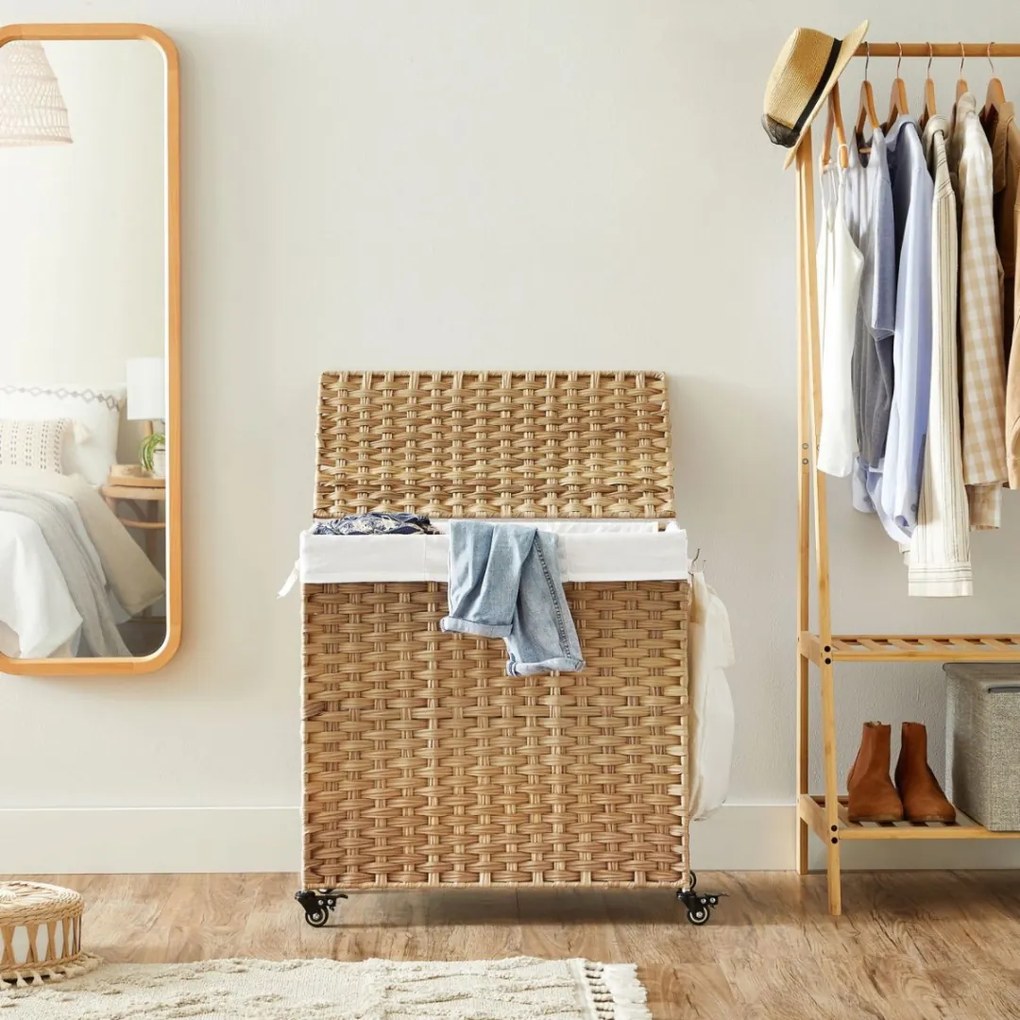 AVA műrattan ruháskosár kerekekkel, 140l, természetes barna Jurhan