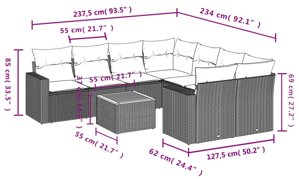 9 részes bézs polyrattan kerti ülőgarnitúra párnákkal