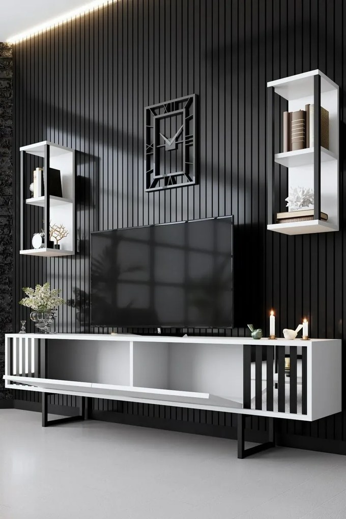TV-állvány polcokkal Chrome White and Black