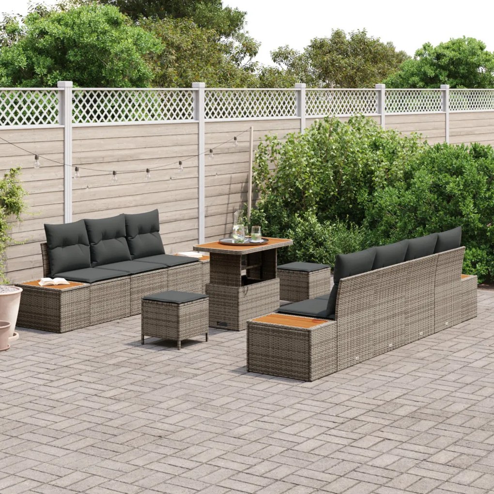 10 darabos kerti kanapé szett párnákkal Szürke Poly Rattan Akác, 3 darabos kerti étkező szett párnákkal Szürke Poly Rattan Akác