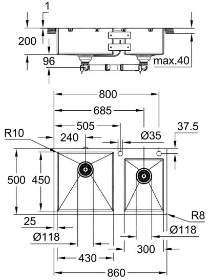 GROHE 31855SD0 - K700 konyhai mosogató 860 × 500 mm, rozsdamentes acél