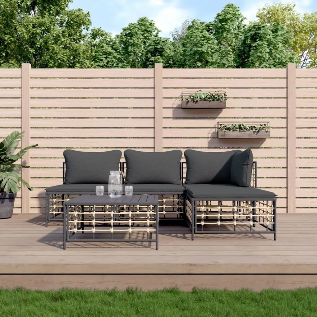 5 részes antracitszürke polyrattan kerti ülőgarnitúra párnákkal