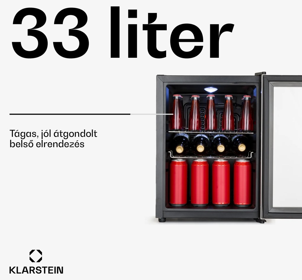 Klarstein Beersafe M, hűtőszekrény, C energiahatékonysági osztály, LED, 2 fém rács, üvegajtó, fekete