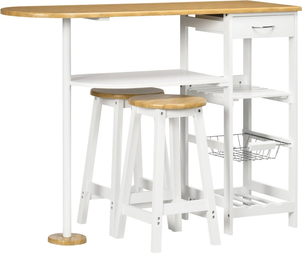 HOMCOM Bárasztal Szett 1 Fiókkal, 2 Polccal, Levehető Kosárral és Borállvány Nappali 119x38.5x88.5 cm Magas Asztallal és 2 db 29x29x55 cm-es Székkel |