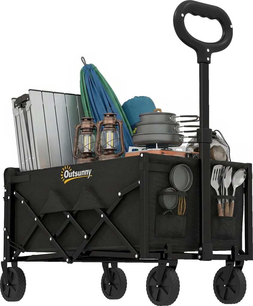 Outsunny 80 L összecsukható kézikocsi teleszkópos fogantyúval, platóval és pohártartókkal — 150 kg teherbírás, fekete | Aosom