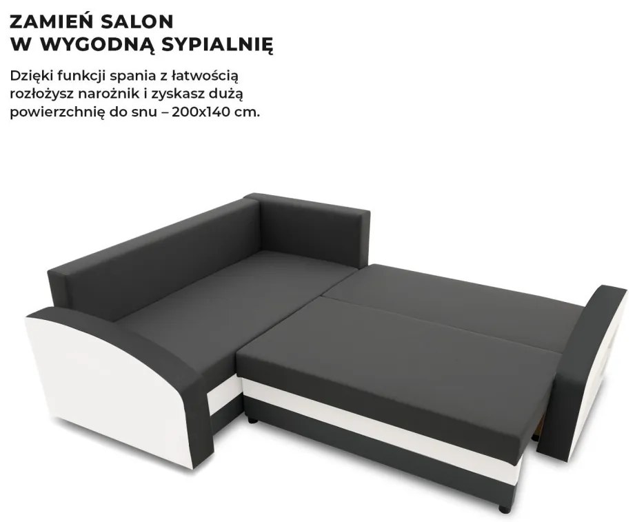 Grande sarokkanapé polcokkal , polc a jobb karfaban, baloldali, szövet anyag, hab töltet, szürke - fehér