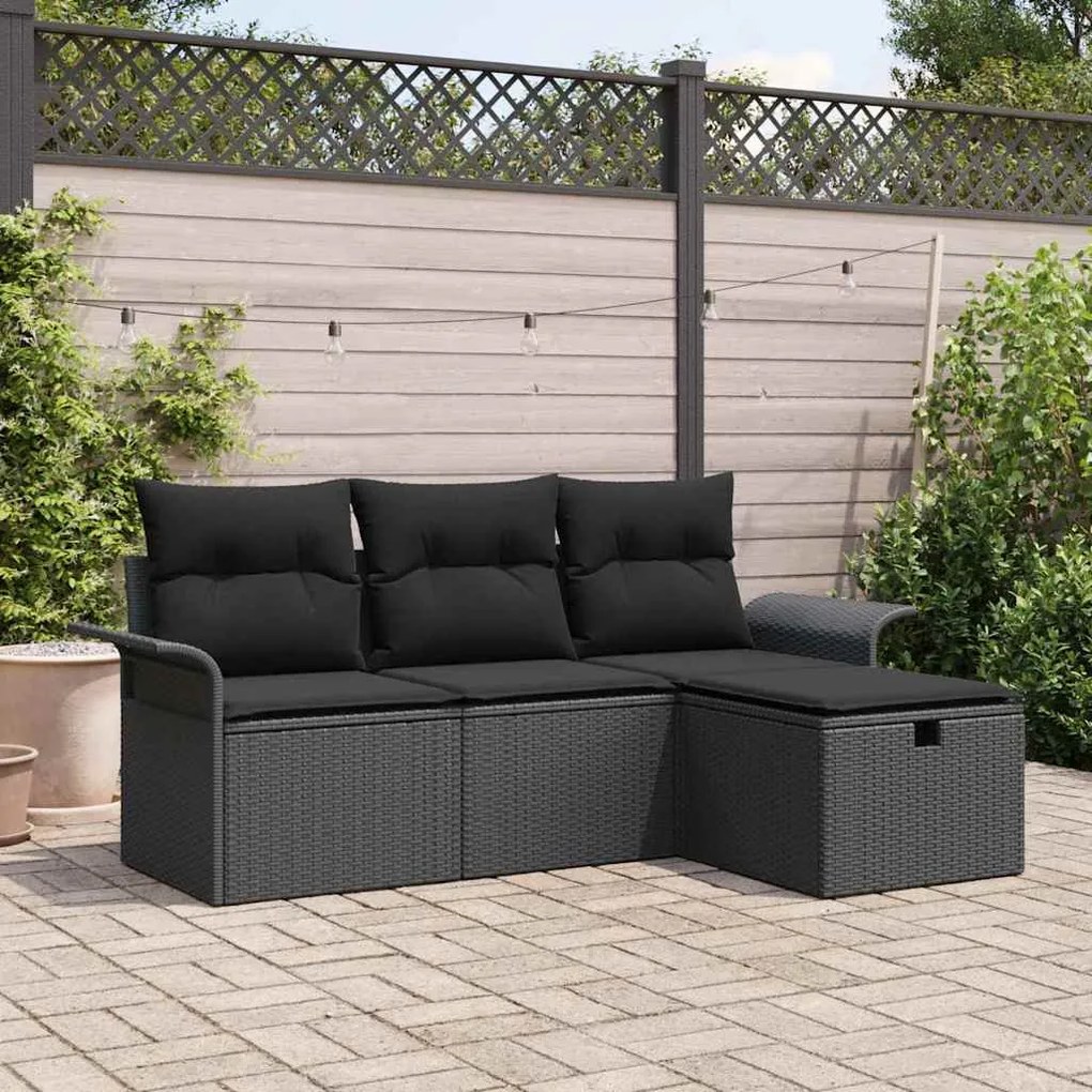 vidaXL Kerti Kanapé Szett párnával tárolóval 4 pcs Fekete Poli rattan