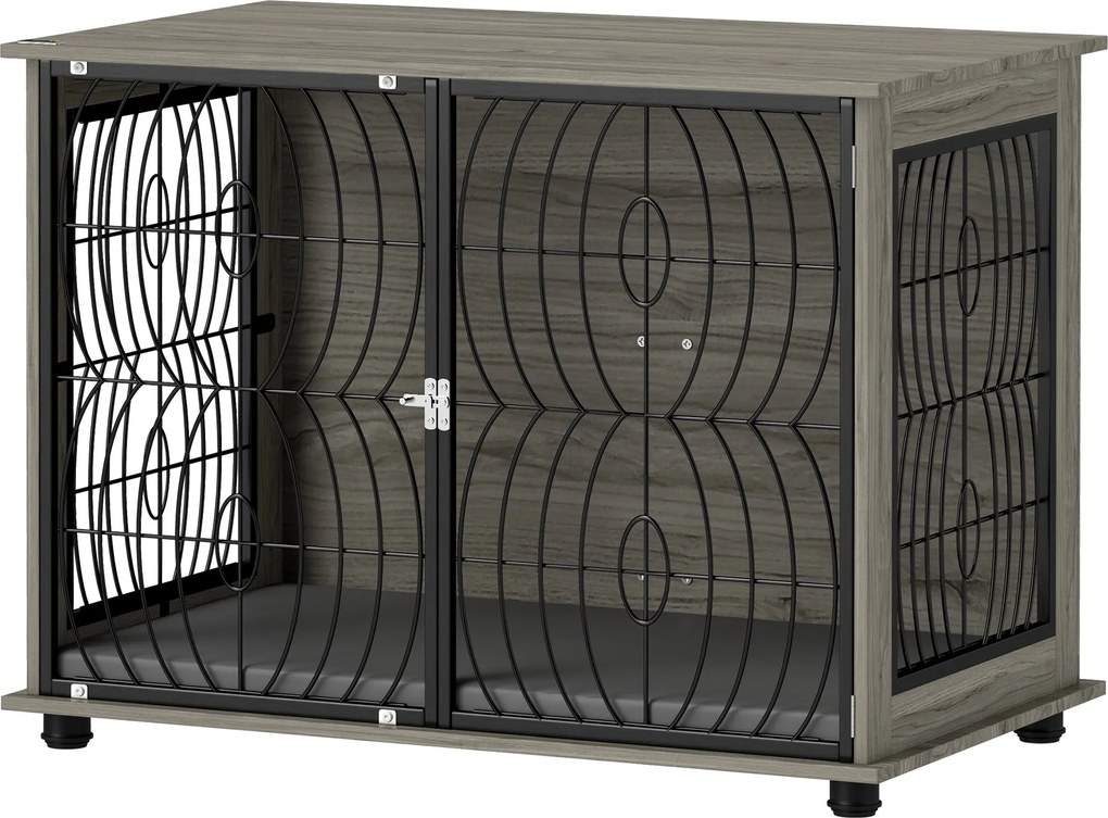 PawHut kutya kennel otthonra, kutyaház, beltéri kisállat ketrec párnával, kutyaház ablakkal, nagy kutyák számára, Szürke, 100 x 60 x 73.5 cm | Aosom