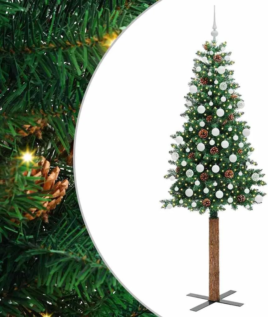vidaXL Karcsú karácsonyfa 300 LED-del Zöld 210 cm PVC és tömör fenyőfa