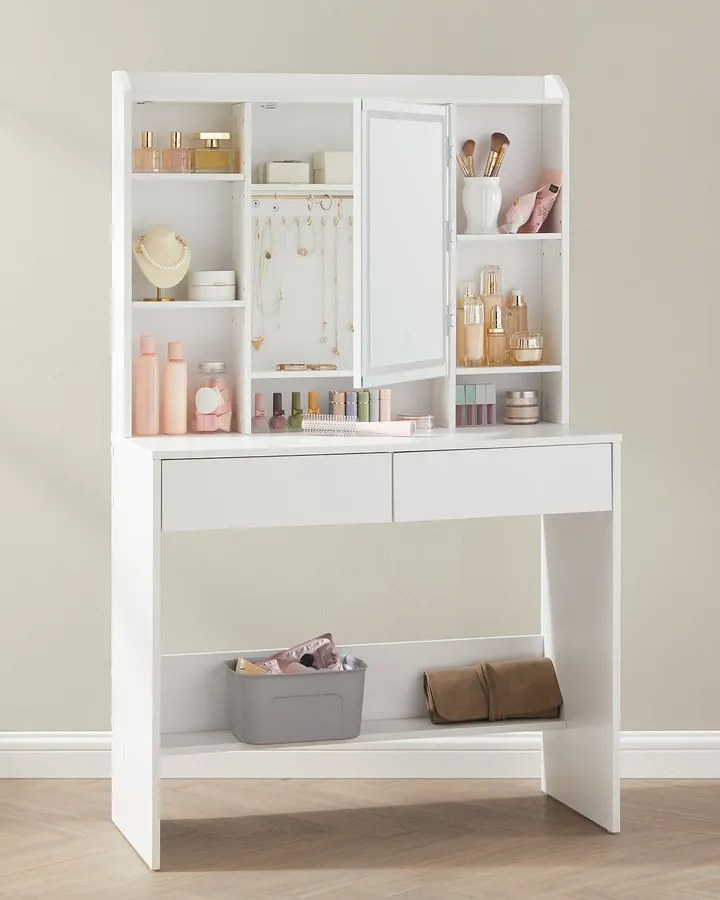 KAILYN LED sminkasztal tükörrel, 2 fiókkal, modern, felhőfehér