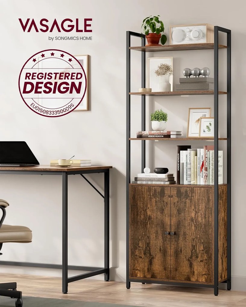 Könyvespolc, 6 szintes, állópolc ajtókkal, 24 × 60 × 159,5 cm, vintage barna–tintafekete