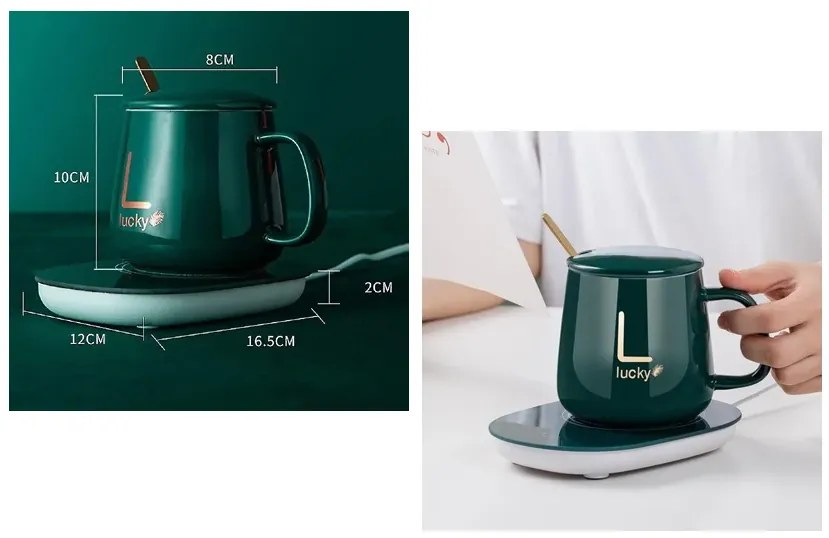 Kerámia bögre készlet elektromos melegítővel ajándékdobozban - Lucky - zöld