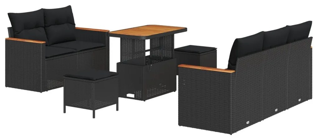 8 darabos Kerti Sofasor Párnákkal Fekete Poli Rattan Akácia, 3 darabos Kerti Étkezőszett Párnákkal Fekete Poli Rattan Akácia