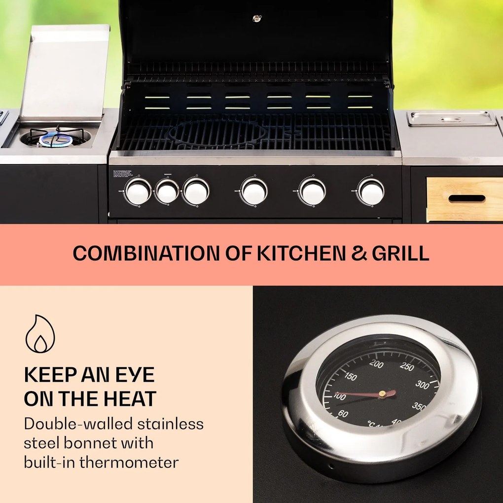 Jersey kültéri konyha gázgrillel és mosogatóval, 20,7 kW, 5+1 égővel, mobil