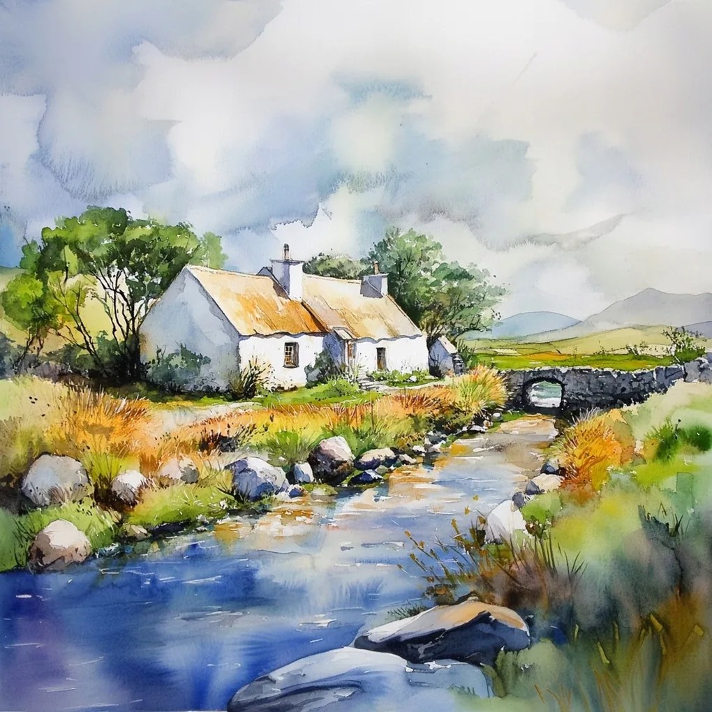 Vászonkép Canvas Tájkép Írország Falu Ház Híd Patak Kilátás 80x80