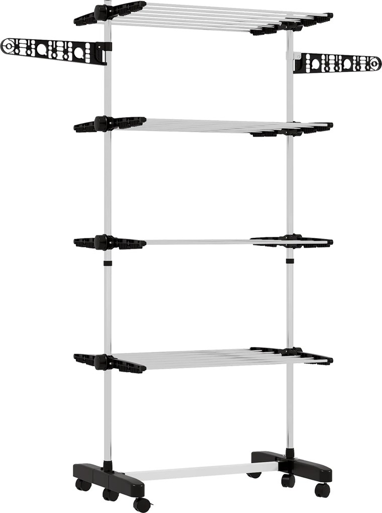 HOMCOM 4 szintes Törölköző Szárító Torony, Összecsukható Szárnyakkal, Kerekekkel, Belső és Külső Használatra, 142 x 55 x 172 cm, Fekete | Aosom