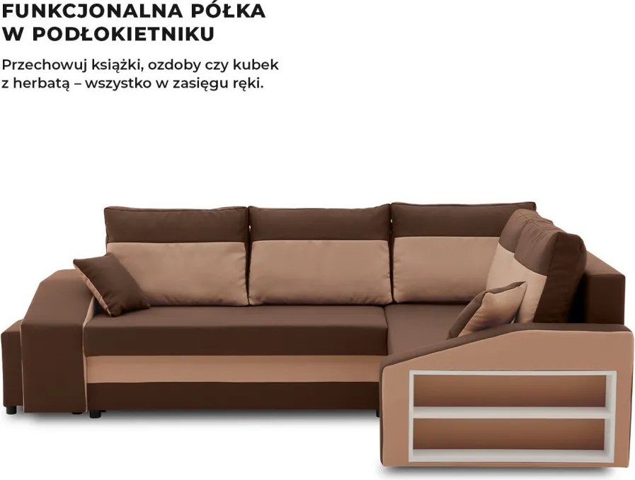 Grande sarokkanapé polcokkal és puffokkal , polc a jobb karfaban puffok a bal karfaban, jobboldali, szövet anyag, bonell töltet, barna