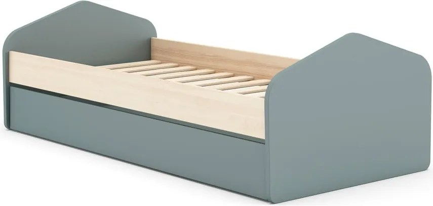 Natúr színű-szürkészöld ágyneműtartós gyerekágy kihúzható pótággyal ágyráccsal 90x200 cm borovi fenyő dekorral Estefania – Marckeric