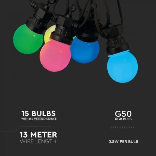LED RGB Kültéri lánc STRING 13 m 15xLED/0,5W/230V IP44