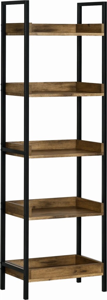 HOMCOM Ipari Stílusú 5-polcos Könyvespolc, Fa és Fém Könyvespolc Otthonra és Irodába, 48x30x155cm, Rusztikus Barna | Aosom