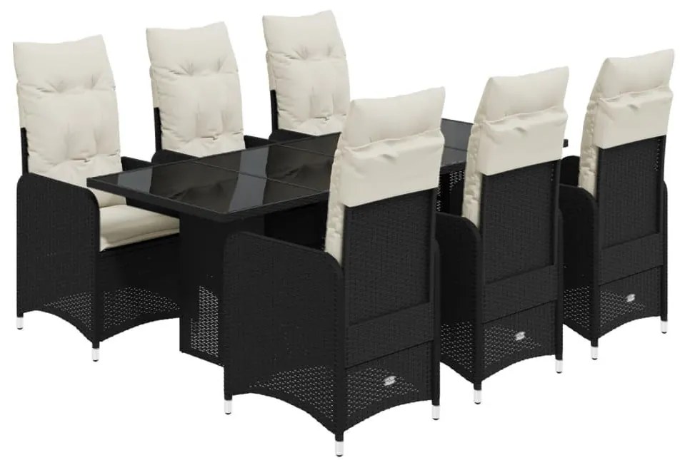 7 részes fekete polyrattan kerti bisztrógarnitúra párnákkal