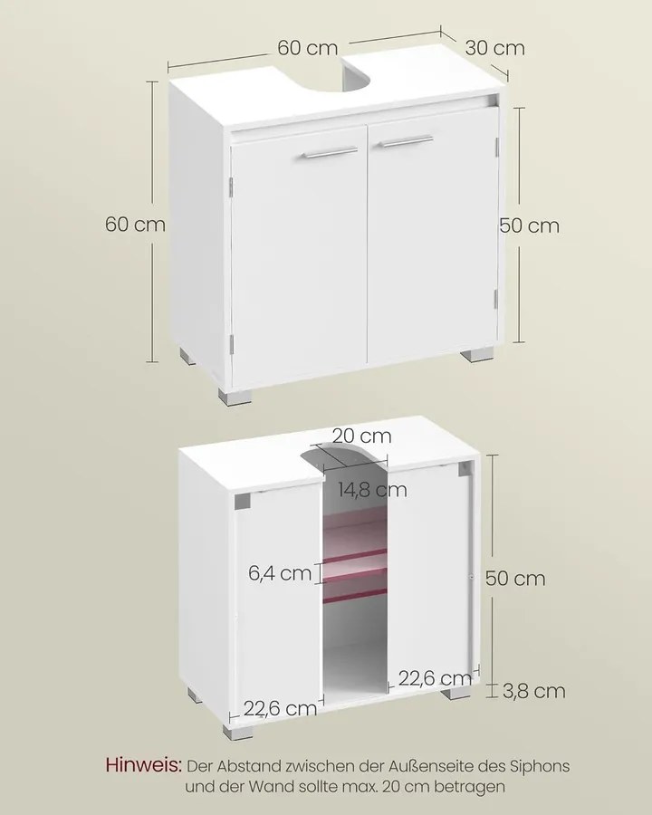VASAGLE mosdó alatti szekrény, fürdőszobaszekrény 30×60×60 cm, felhőfehér